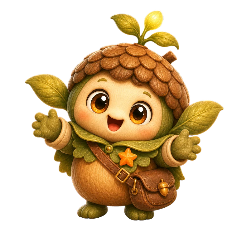 Pebble Scout, the WonderSpy mascot — a friendly acorn explorer with a golden spy lens.
